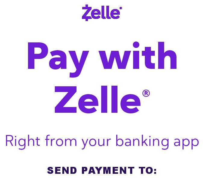 A purple and white graphic with the words " pay with zelle "